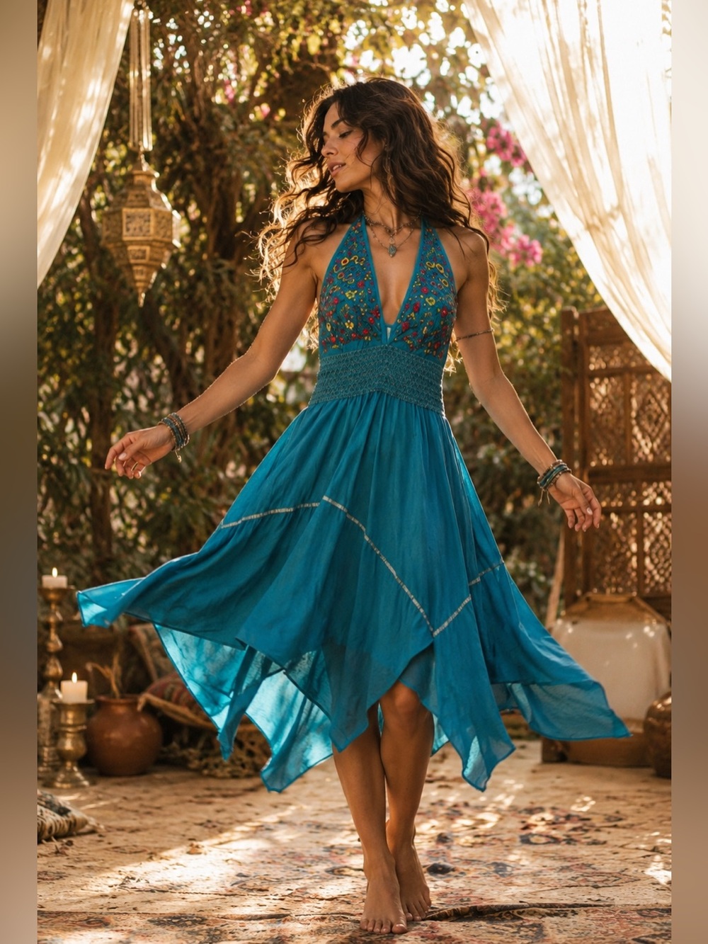 Boho Embroidered Halter Dress Teal - Asymmetrical Hem Southwestern Mexi-Cali M-L